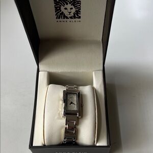 Anne Klein Silver Crystal-Accent Rectangle Bracelet Watch